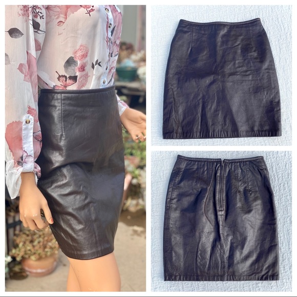 HUGO BUSCATI “MILANO” Brown Leather Pencil Mini Skirt - Picture 3 of 16